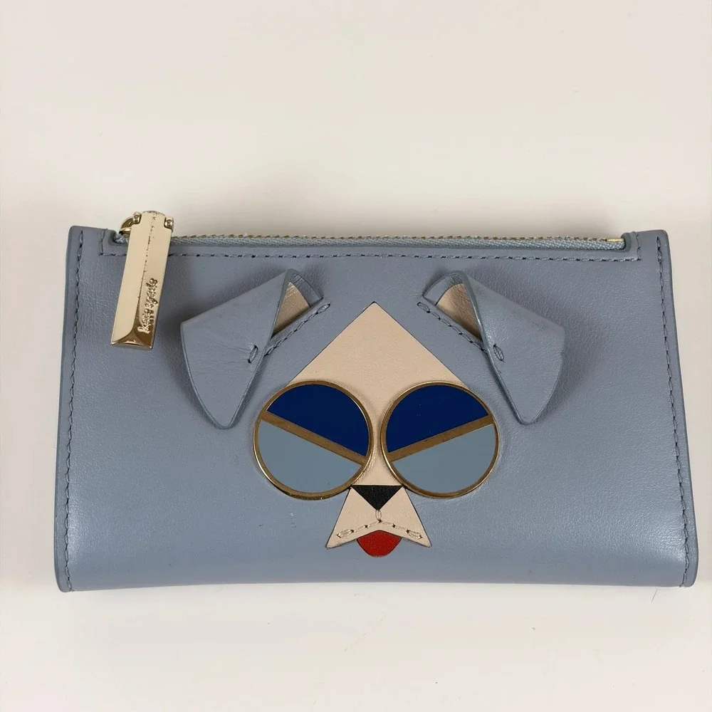 Kate Spade Spademals Mod Dog Slim Bifold Wallet Card Case Coin Purse Light Blue